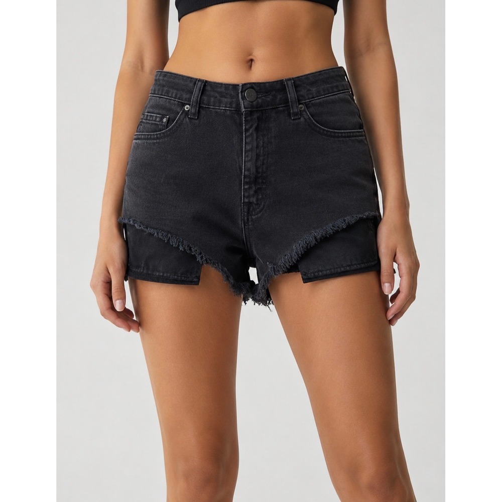 BDG High Rise Lou Hi-Low Shortie Black Denim Cut Off Shorts Women 26w